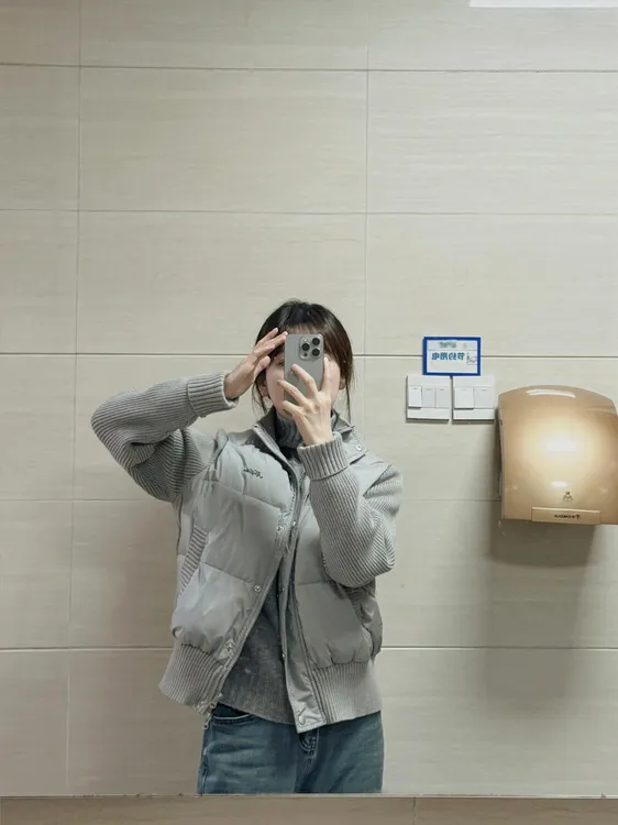 灰色复古设计感针织拼接棉衣外套女秋冬ins宽松薄款立领棉服棉袄