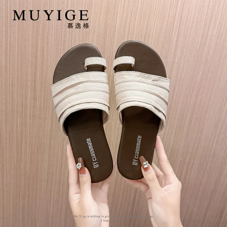 森系套趾亚麻拖鞋女2025夏季一脚蹬一字拖平底气质沙滩度假凉拖鞋