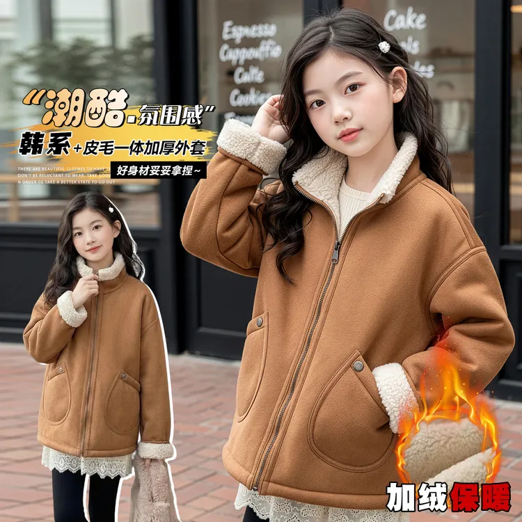女童加绒外套2025冬季新款中大童加厚儿童韩版洋气立领保暖上衣潮