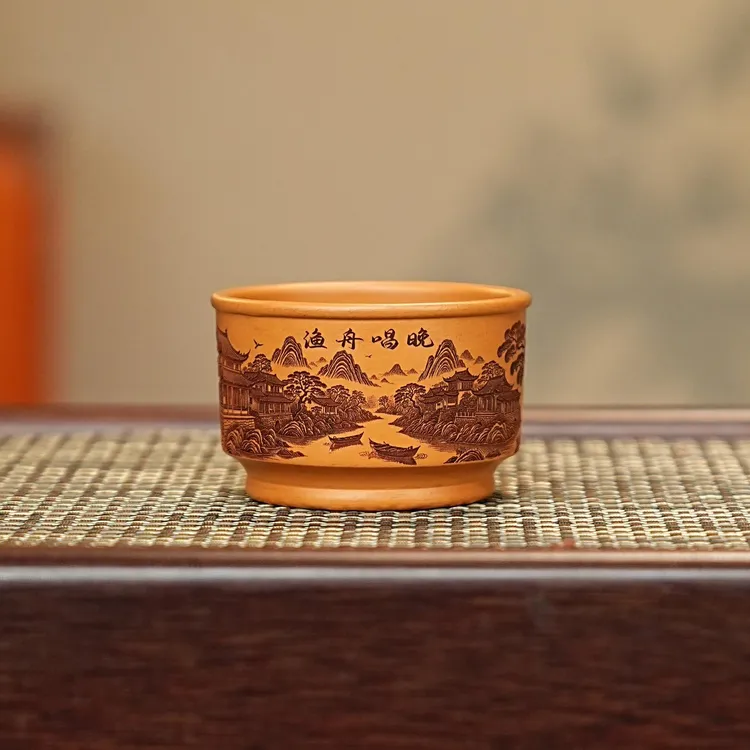 宜兴全手工紫砂茶具 原矿段泥泥料刻绘渔舟唱晚紫砂主人杯品茗杯