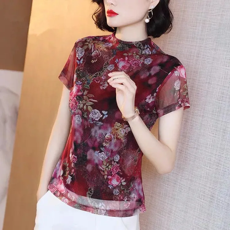 打底衫女短袖网眼复古印花T恤夏新款大码修身显瘦小衫上衣夏季