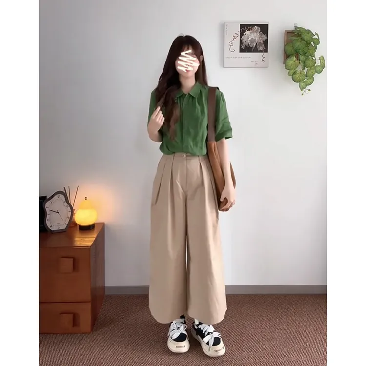 2025夏季新款法式复古百搭翻领短袖衬衫气质高腰宽松褶皱阔腿长裤