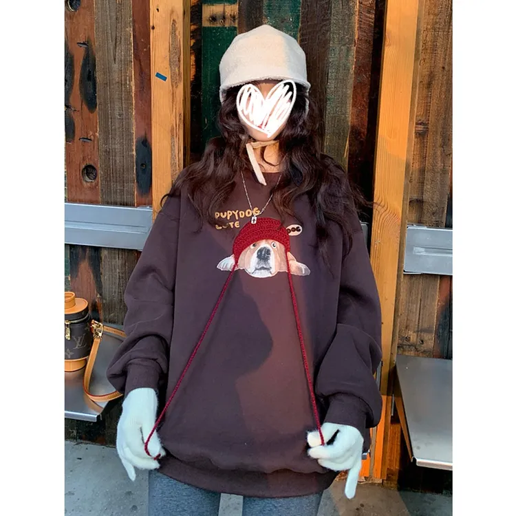 设计感小狗印花钩针刺绣圆领长袖加绒卫衣女秋冬新款韩系慵懒上衣