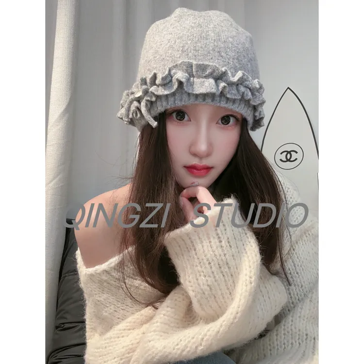 晴子  韩国设计师款美丽诺羊毛可爱蝴蝶结针织帽手工抽褶保暖包头