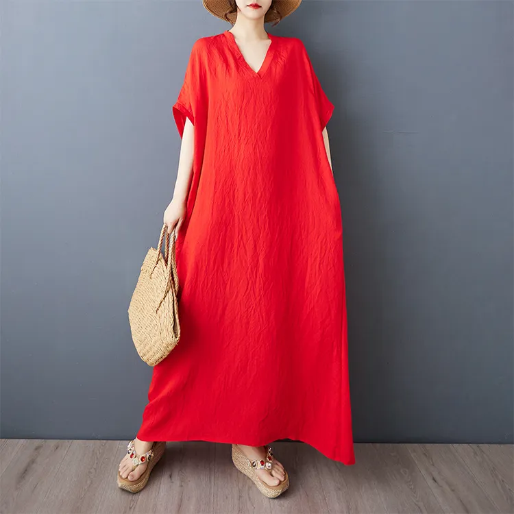 清仓捡漏夏季新款v领旅游度假风文艺红色遮肉长款连衣裙沙滩裙女