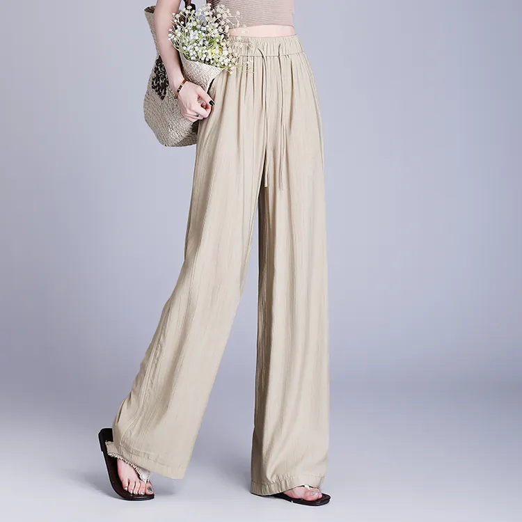 品牌女装正品时尚夏季高腰褶皱女士薄款拖地垂感休闲阔腿直筒裤