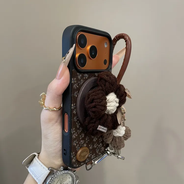 简约黑边绒布针织花磁吸适用iPhone17手机壳16pro情侣15pm时尚14