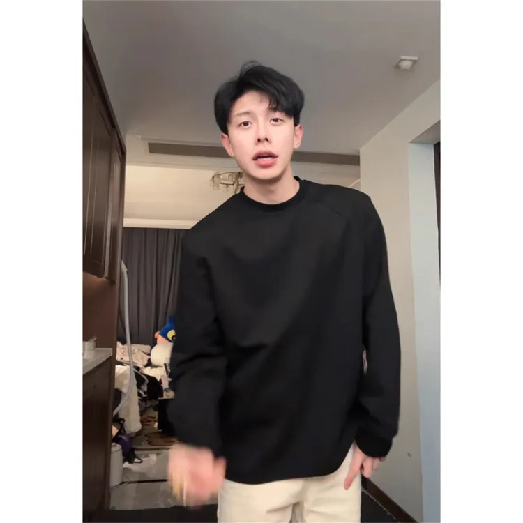 黑色正肩解构卫衣男款秋季潮牌痞帅圆领上衣美式cleanfit长袖T恤