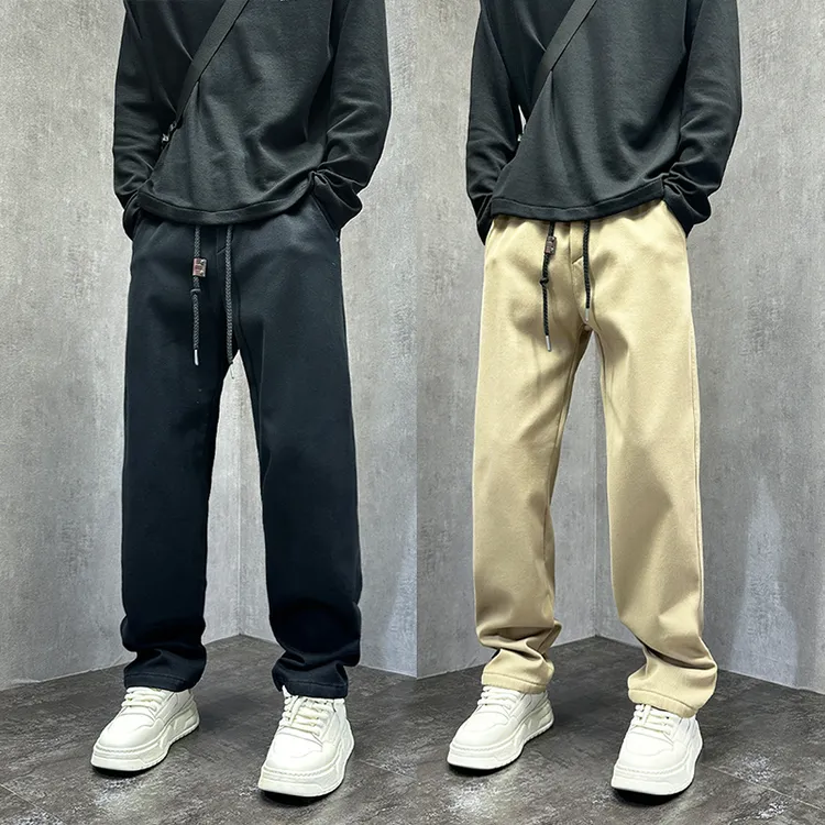 男裤秋冬新款卡其色加绒休闲裤男士直筒显瘦厚款长裤痞帅潮牌裤子