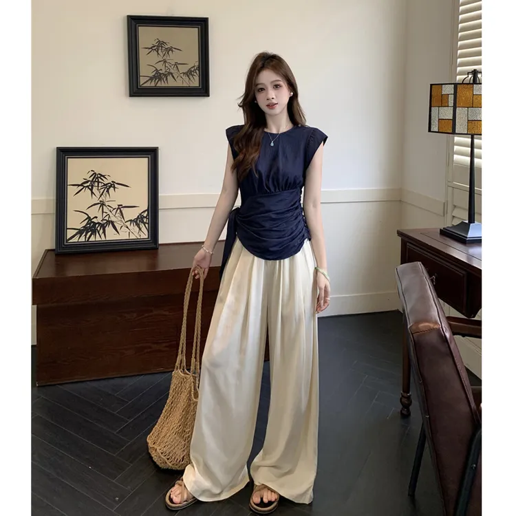 大码韩系不规则绑带圆领气质小飞袖显瘦上衣阔腿裤洋气法式穿搭