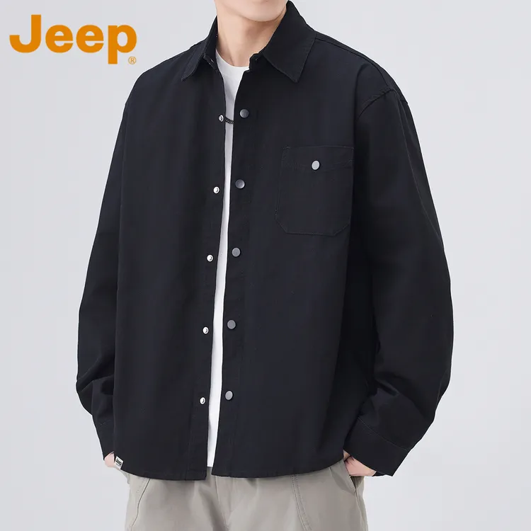 JEEP吉普黑色全棉休闲衬衫男士秋季2025新款宽松高级长袖衬衣外套