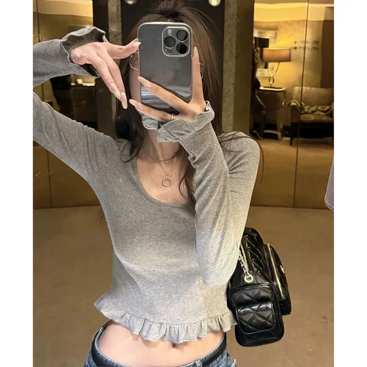 设计感洋气炸街大圆领木耳边长袖T恤女装秋季修身显瘦打底衫上衣