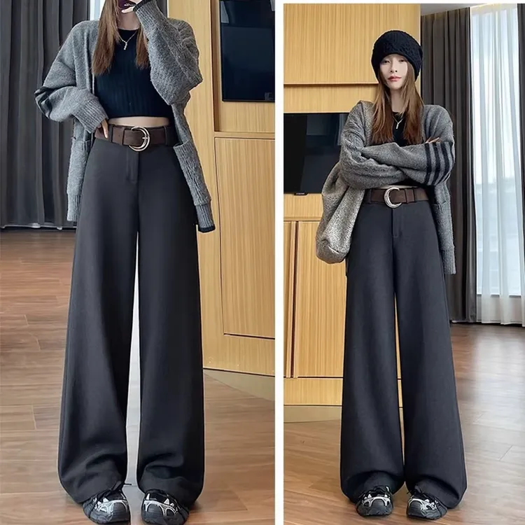 Q秋冬新品加厚毛呢高级感灰色高腰显瘦百搭阔腿西装裤女复古时尚
