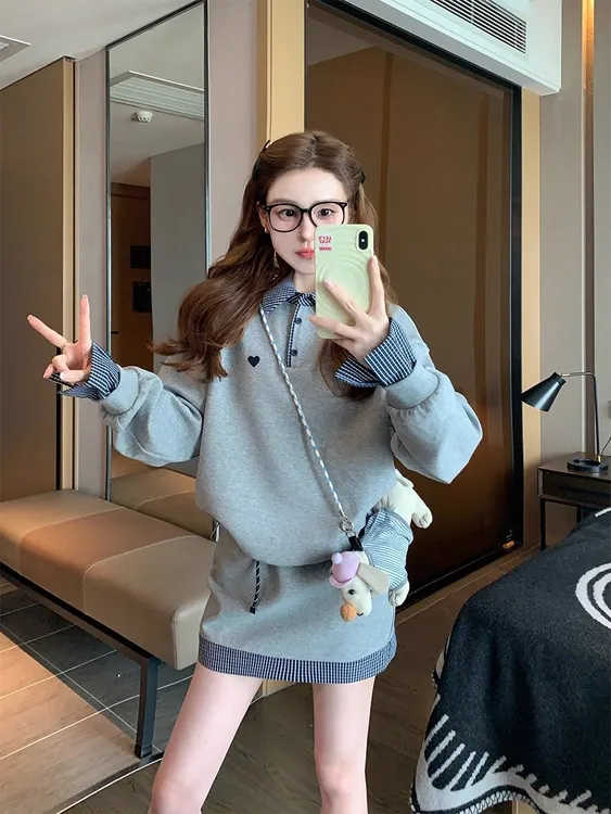 秋季韩版学院风假两件格子拼接长袖连衣裙新款两件套短裙时尚爆款