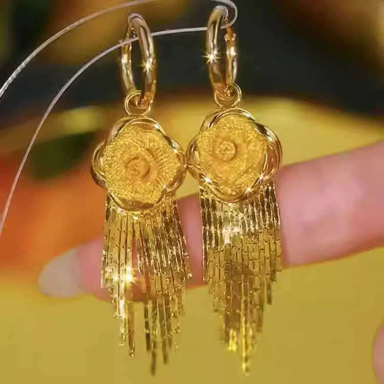 铜合金耳饰 奢华重工时尚高级感金色网纱玫瑰花耳环小众气质百搭