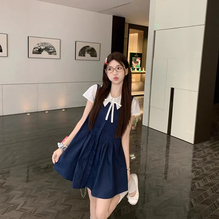 实拍显白减龄氧气感衬衫连衣裙学院风套装韩版女装2025年夏季新款