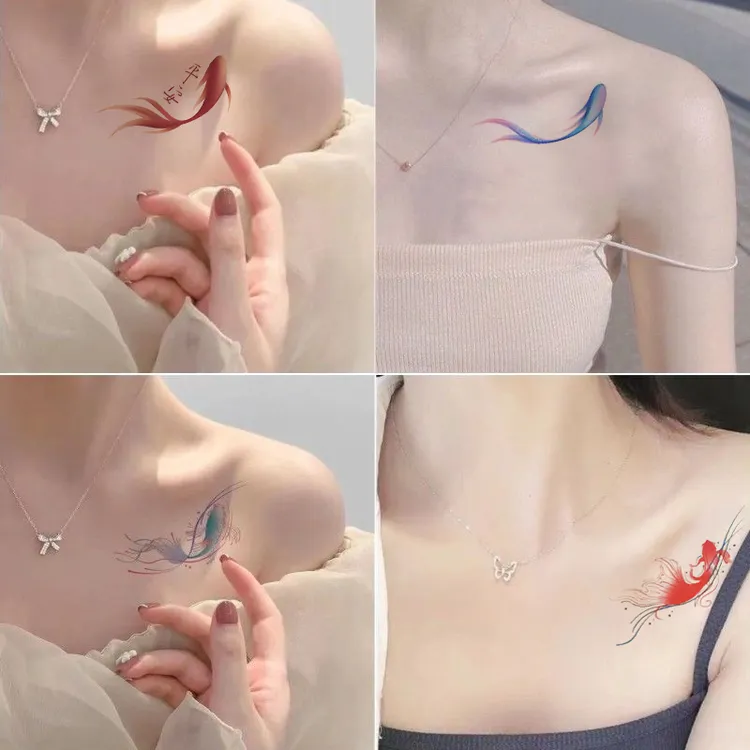 2025好运锦鲤纹身贴蓝色唯美锁骨手腕小清新防水纹身贴女持久逼真