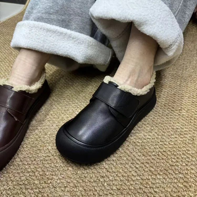 2052-1A新款冬季加绒套脚魔术贴保暖毛毛复古平跟休闲百搭女鞋