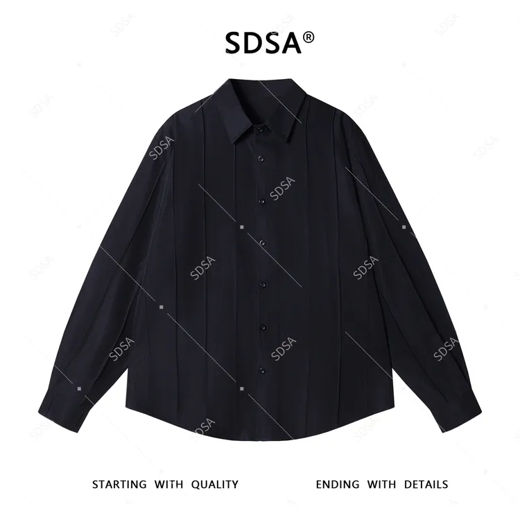 SDSA秋季高级感新款男士韩版纯色褶皱条纹翻领纽扣长袖T恤百搭