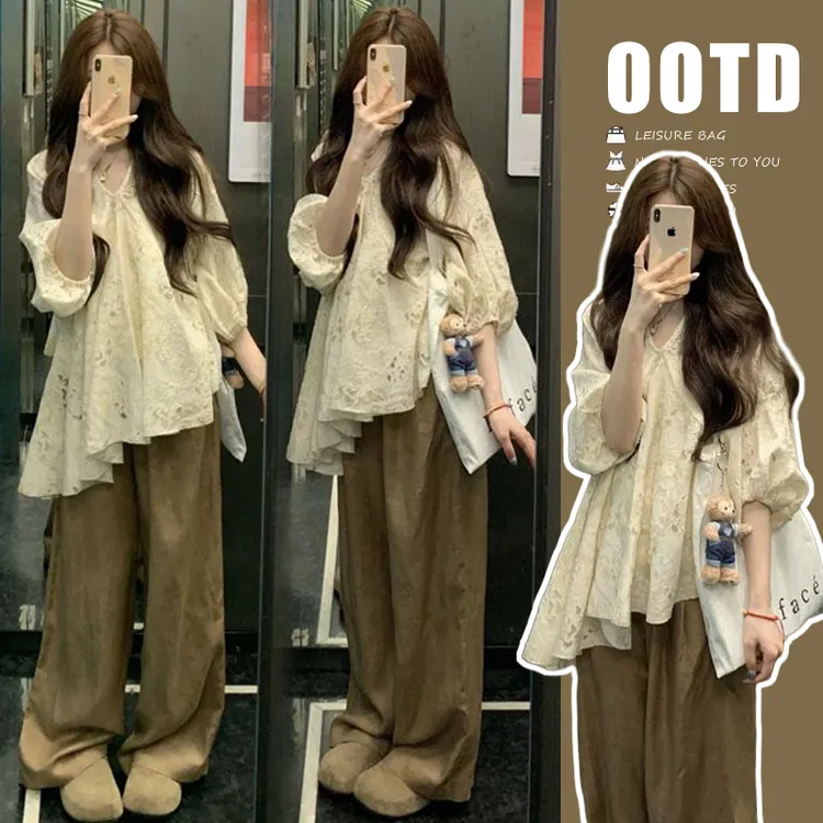 时髦孕妇装新款蕾丝不规则娃娃衫碎花显瘦时尚休闲裤子网红款套装