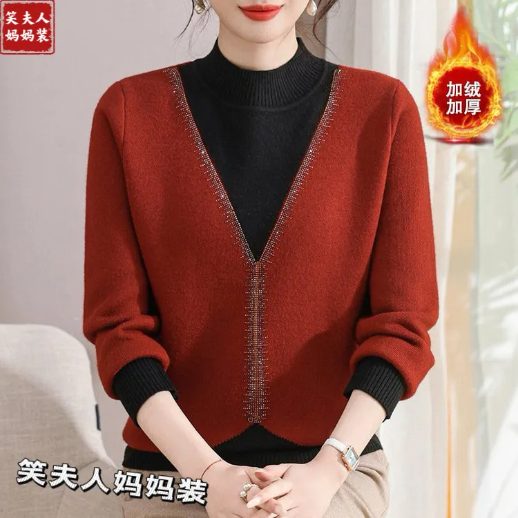 2025秋冬新款妈妈装假两件洋气烫钻保暖打底毛衣