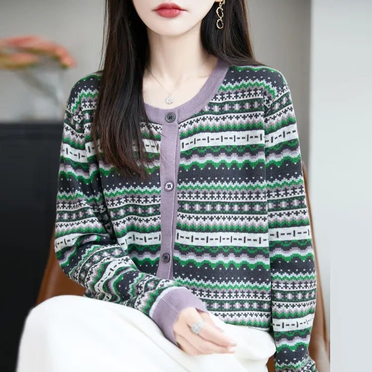 哥弟阿玛施官方秋季小香风提花复古条纹针织开衫休闲宽松百搭上衣