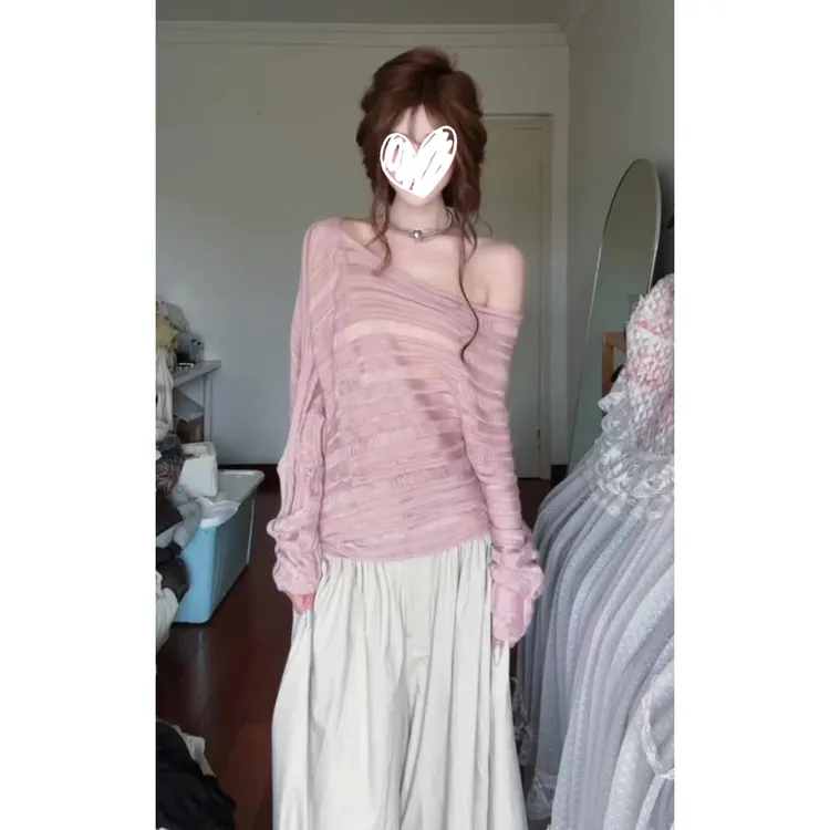 温柔慵懒一字肩针织衫不规则肌理感毛衣女秋季宽松西装阔腿裤套装