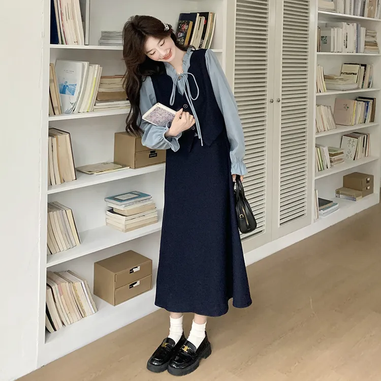 韩系假两件拼接连衣裙女2025早春新款设计感系带法式木耳领长裙子
