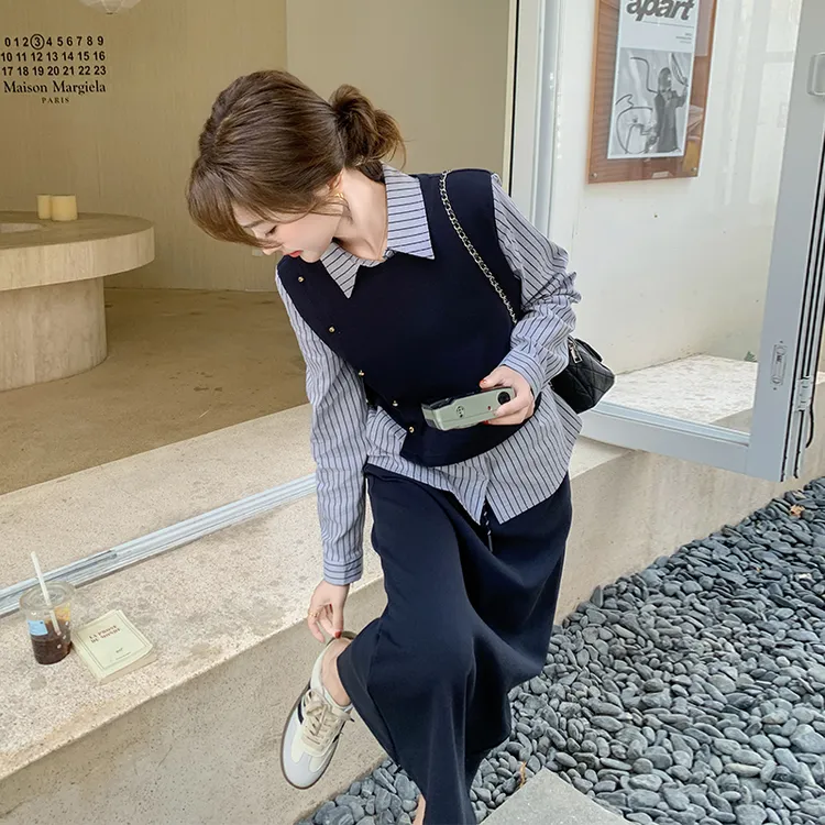 不规则拼接条纹假两件卫衣套装女2025早春新款设计感半身裙两件套