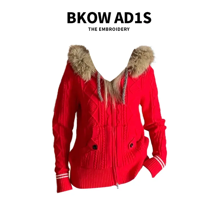 BKOW AD1S 落日玫瑰海 红色毛领外套毛衣女秋季新款连帽针织开衫