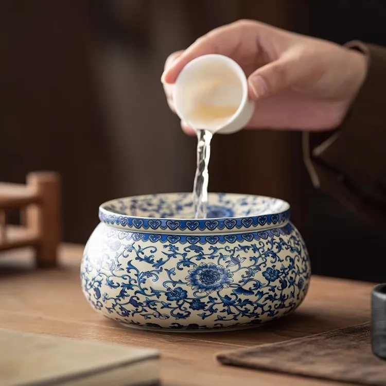 土焱传汝窑青花缠枝莲茶渣缸家用废水缸功夫茶道零配件烟灰缸客厅