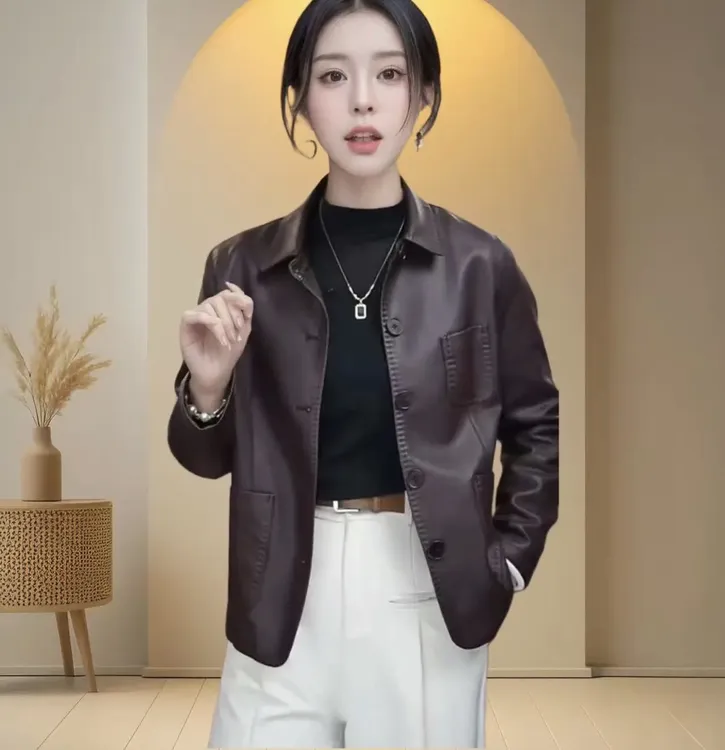 【单里衬】海宁正品2025春秋新款时尚休闲翻领气质皮衣外套女