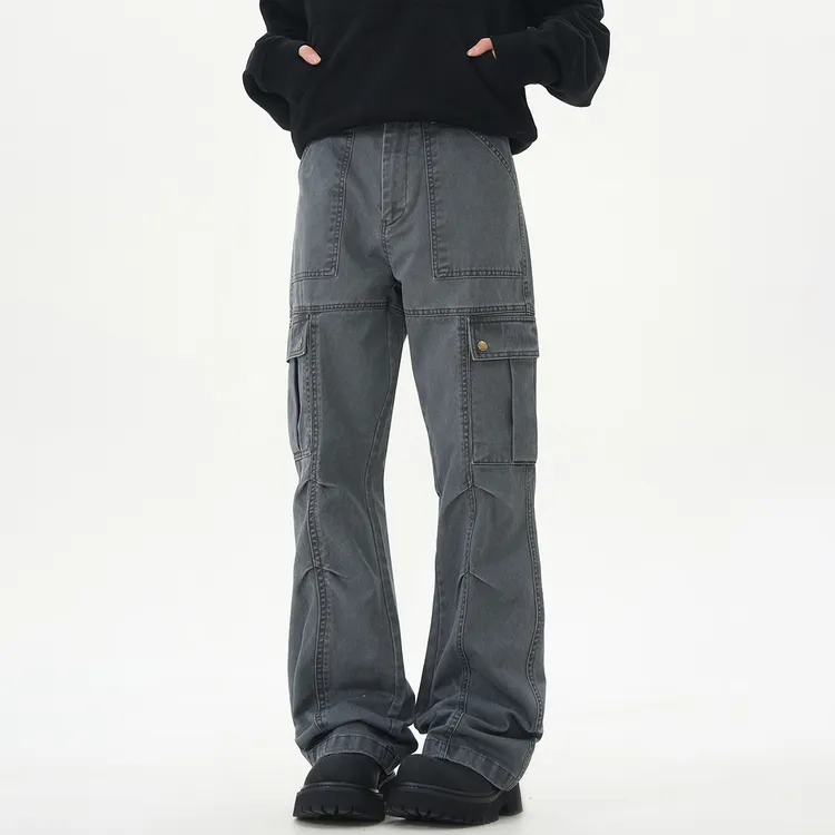 URSGGON美式复古多口袋解构褶皱水洗宽松工装裤 男女同款