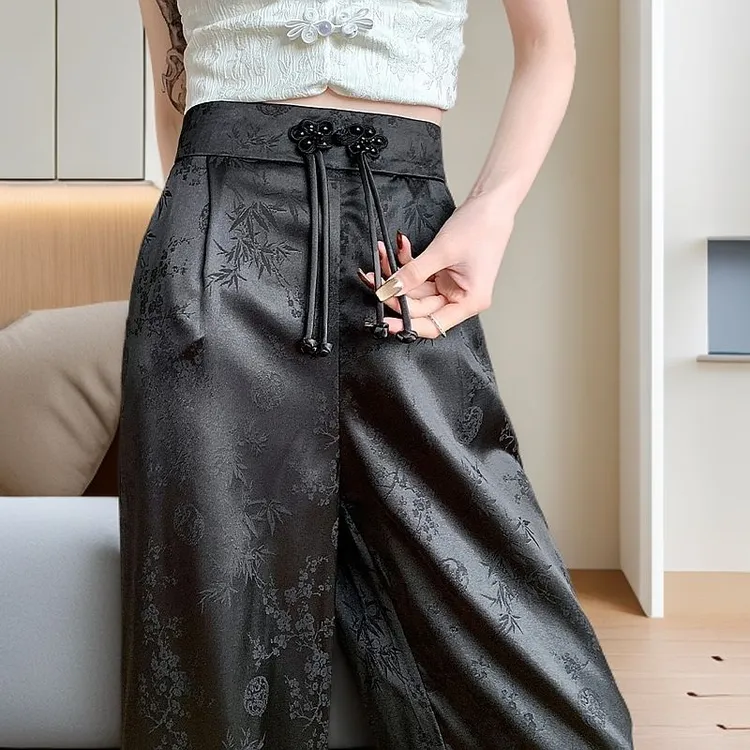 新中式国风阔腿裤女夏季薄款高腰垂感返潮复古盘扣缎面提花直筒裤
