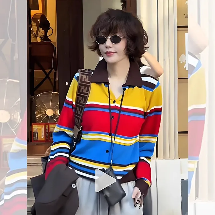 大码秋冬新款条纹针织开衫毛衣女宽松显瘦遮肚子百搭洋气高贵上衣