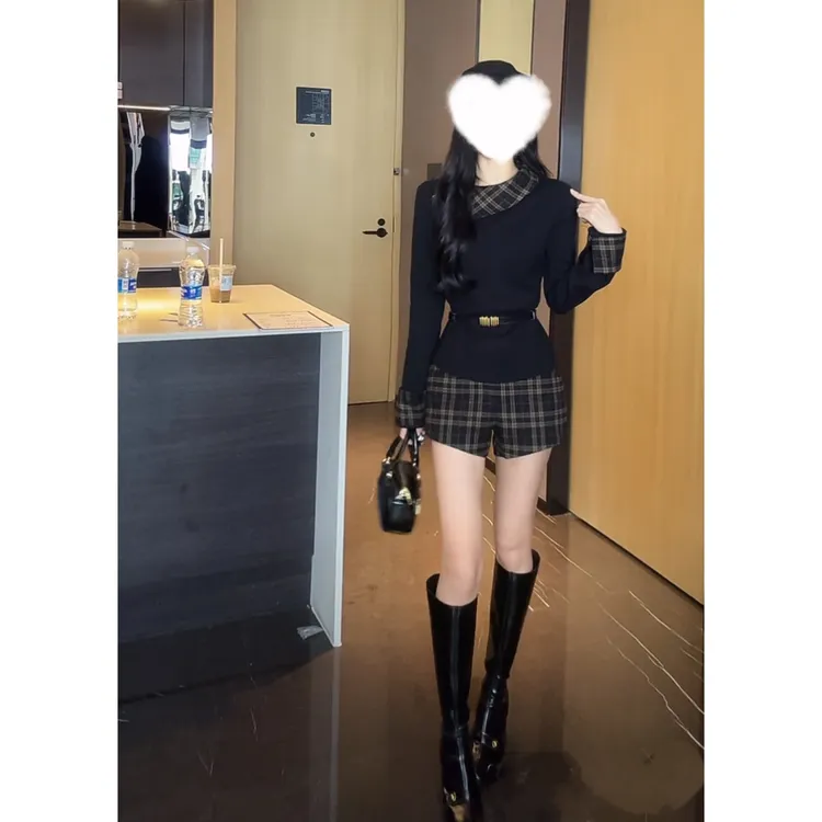 新款时尚气质复古长袖格子显瘦辣妹纯欲风法式时尚短裤套装
