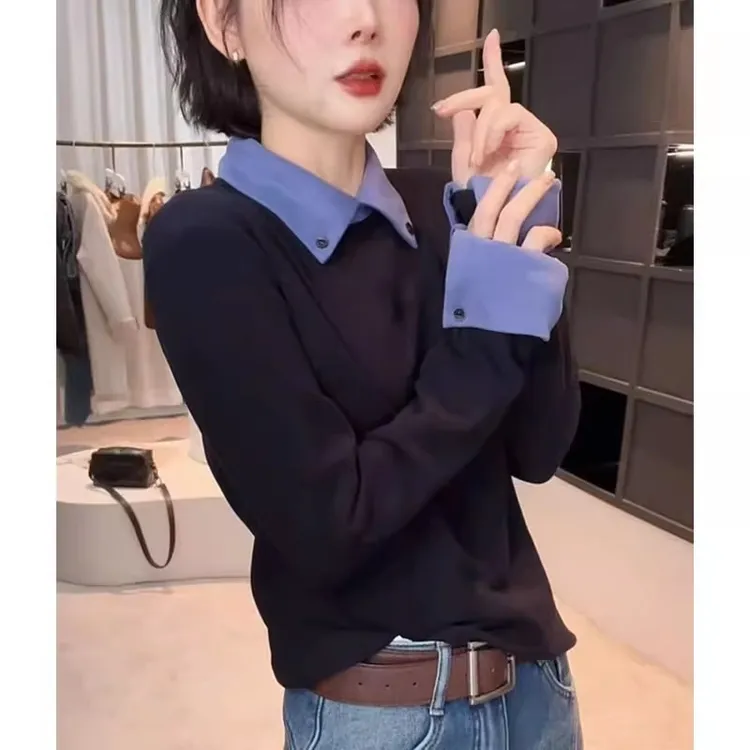 撞色POLO领德绒打底衫女2025秋冬款韩版时尚修身洋气百搭加厚上衣