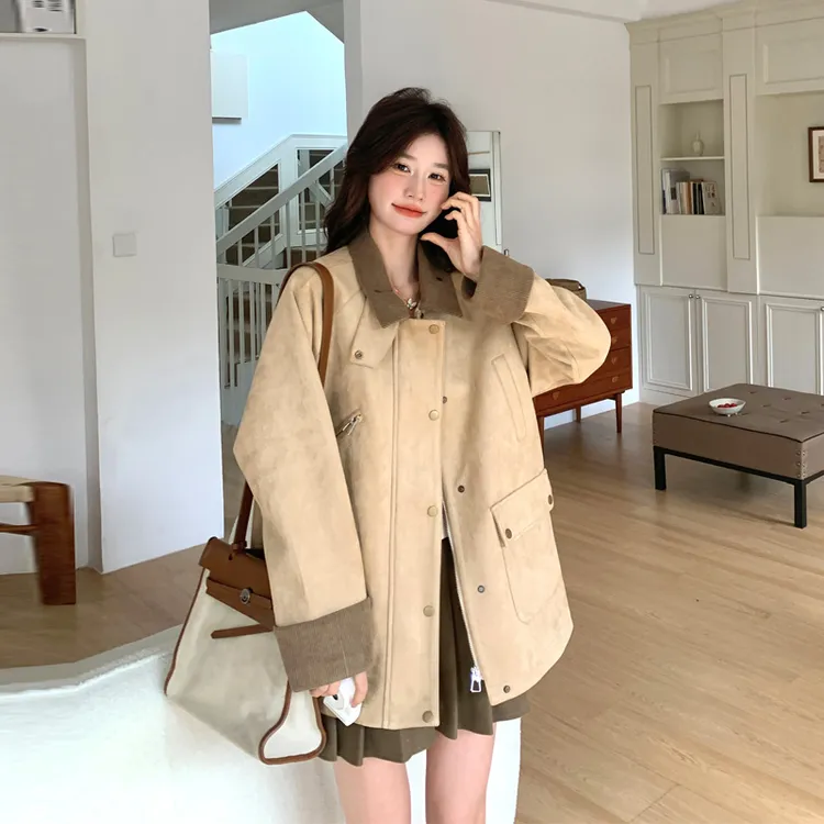 韩系ins风麂皮绒外套女2025春秋新款小众设计感复古静奢风短开衫