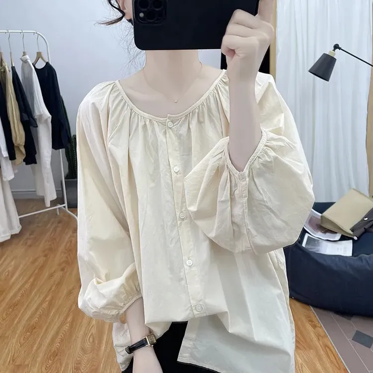 春秋薄款圆领纯棉灯笼袖长袖衬衫女式韩系宽松减龄上衣显瘦娃娃衫