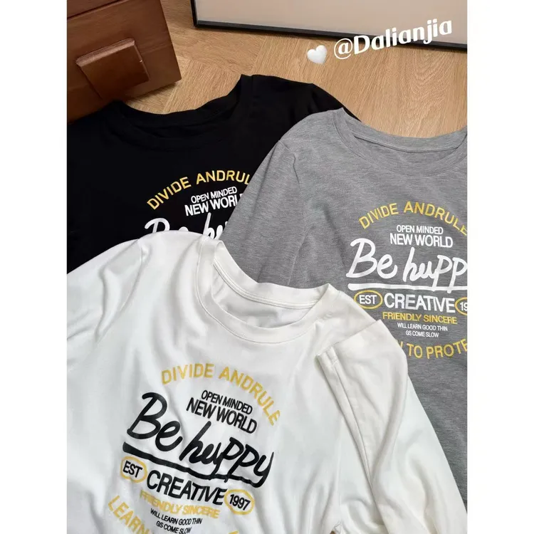 晶咕佳佳【美式步调】圆领长袖印花T恤时尚休闲百搭合身小版潮流