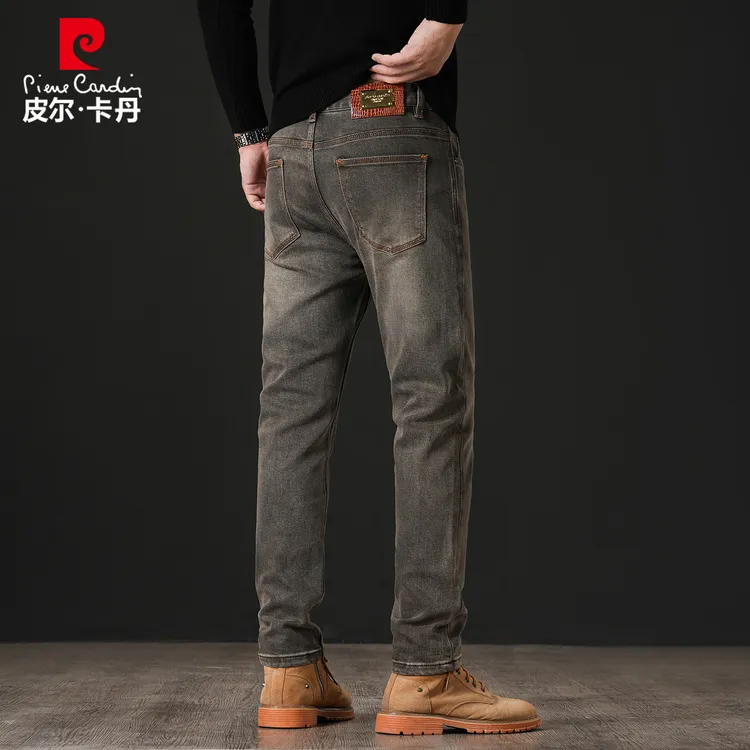 皮尔卡丹轻奢高端牛仔裤男秋冬款修身直筒复古男士长裤