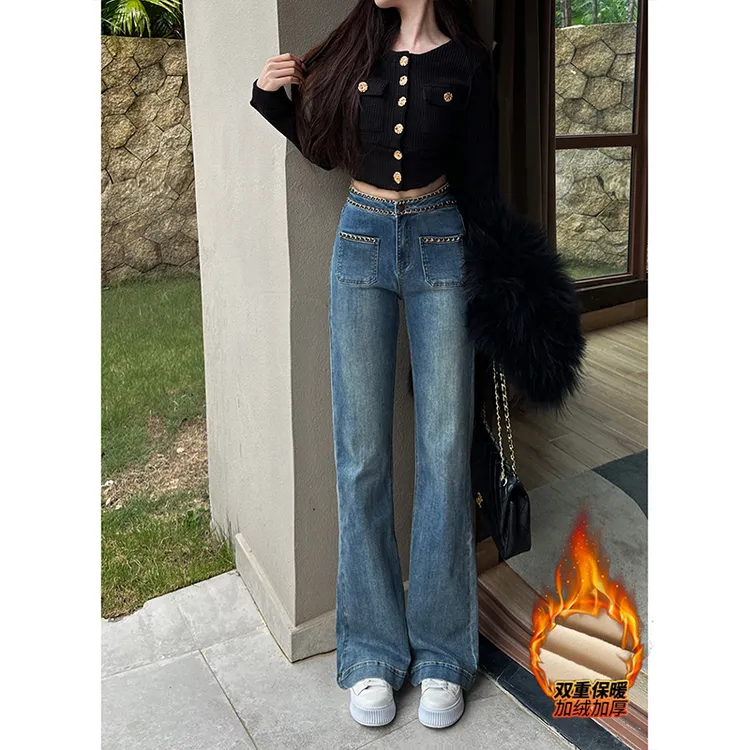 小香链条高腰窄版加绒直筒牛仔裤女2025冬季新款显瘦显高直筒长裤