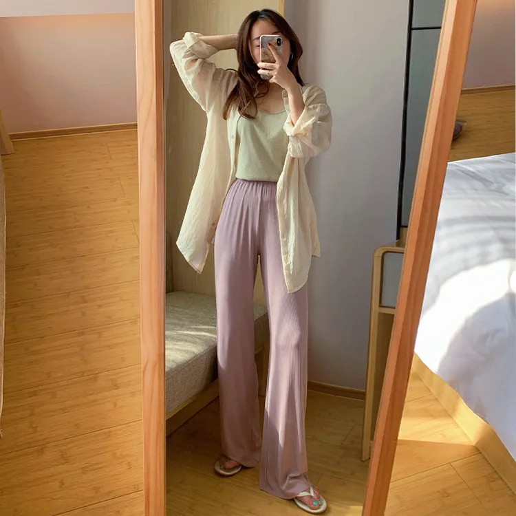 开叉长裤拖地阔腿裤面膜裤抖抖裤冰丝垂感坠感薄款直筒高腰女夏季