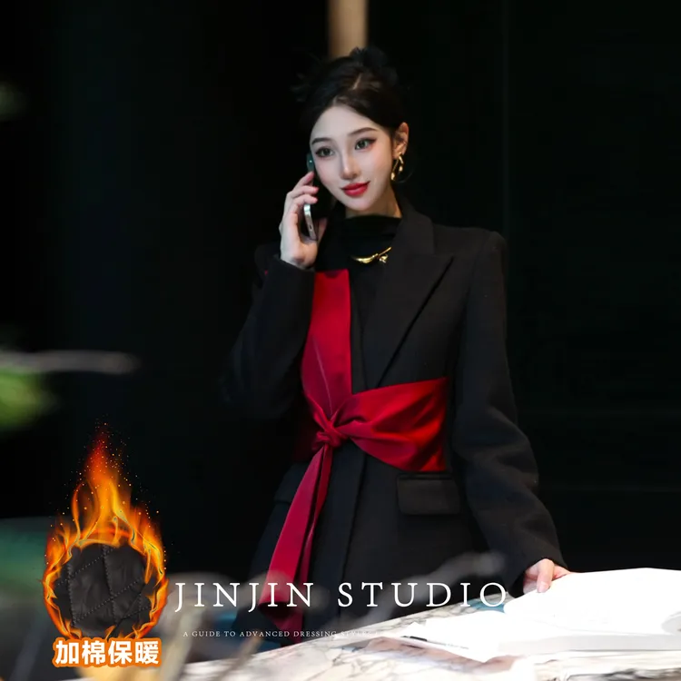 MD进进原创【雅致时尚】2025秋冬加棉设计感西装休闲拼接显瘦外套