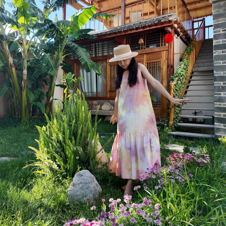 扎染植物花果染色背心吊带连衣裙景桉非遗设计款设计师国风夏季