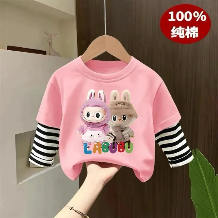 2025春秋新款纯棉啦儿童长袖T恤女童卡通布布假两件宝宝洋气上衣T
