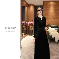 JIUER赫本风法式轻奢丝绒连衣裙 气质显瘦长袖黑色长款修身3224