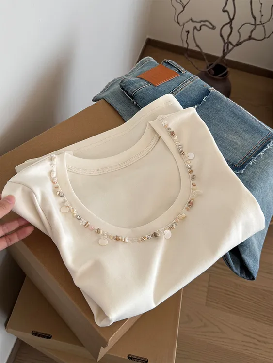 CHAO级推荐~2025春季欧货重工钉珠拼接百搭显瘦杏色短袖T恤上衣女