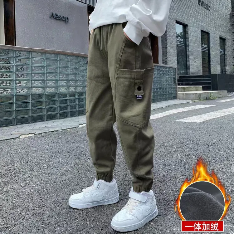 男童加绒裤子秋冬款6-12岁保暖童装中大童男孩工装裤儿童加厚长裤