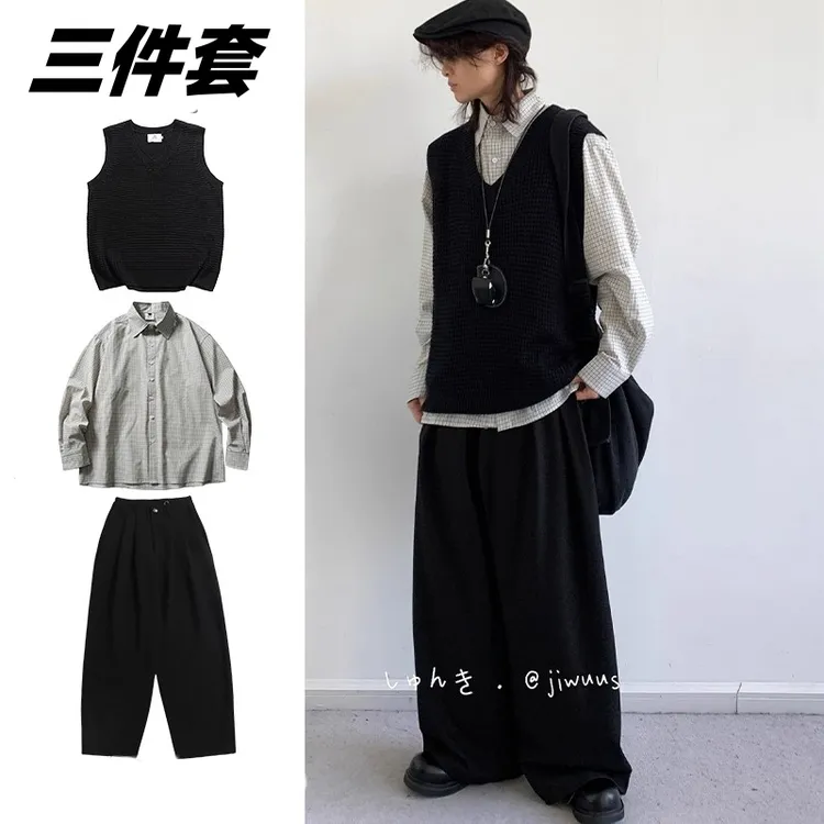 三件装/春秋日系复古针织背心毛衣男女生套装慵懒学院风休闲坎肩